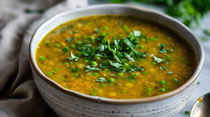 Side view of pea and lentil soup with saffron and herbs.