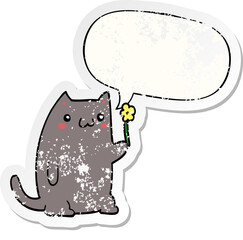 cute cartoon cat and speech bubble distressed sticker