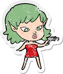 distressed sticker of a pretty cartoon girl with ray gun