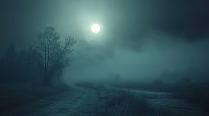 A Foggy Road at Night With a Full Moon in the Distance