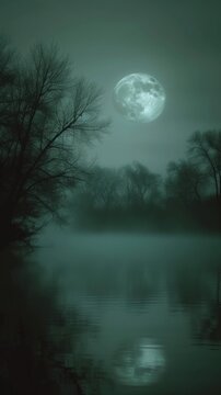 A Foggy Night With a Full Moon Over a Lake