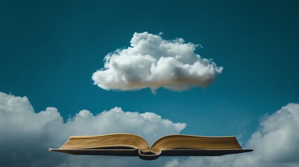 An open book rests beneath a cloud - obrazy, fototapety, plakaty