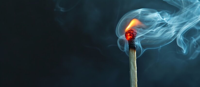 Macro photograph of a match burning in isolation on a black backdrop, with smoke billowing around.