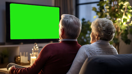 back, rear view of Senior couple watching television show. mature retired pair watching TV. grandfather, grandmother.  grey haired aged senior watching TV in living room. green mock up. Generative ai - Powered by Adobe