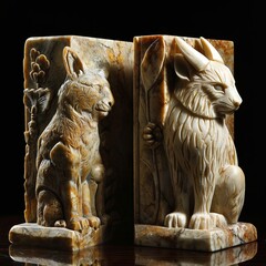 Elegant Carved Stone Fox and Cat Bookends, Detailed Artisan Animal Sculptures for Home Decor