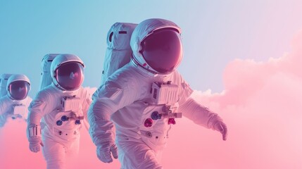 Three Astronauts in White Spaces Suit Walking in the Sky - obrazy, fototapety, plakaty
