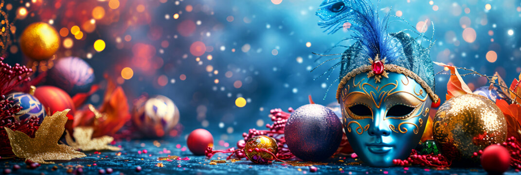 Postcard Happy Purim, Jewish holiday carnival fair background with carnival masks and traditional Jewish items, abstract background. Layout on a blue background.