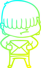cold gradient line drawing cartoon boy with untidy hair