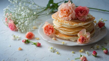 Obraz na płótnie Canvas A Stack of Pancakes on a Plate With Roses Flowers
