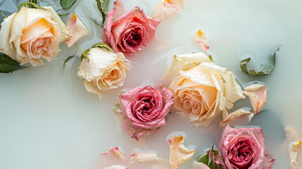 Roses Flowers Lying in Cloudy Water in Bath