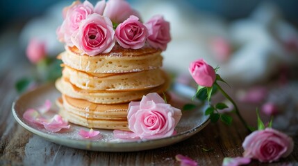 Obraz na płótnie Canvas A Stack of Pancakes on a Plate With Roses Flowers
