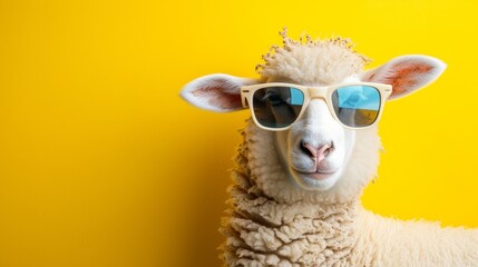 Obraz premium White Sheep Wearing Yellow Sunglasses Against Yellow Background