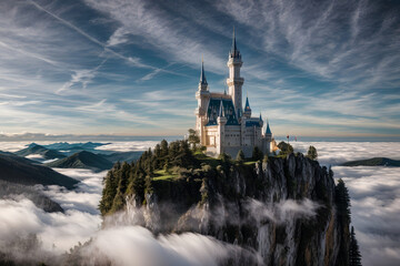 castle. A majestic castle perched high above the clouds. Great castle. Beautiful Fairytale castle on mountain surrounded by cloud - obrazy, fototapety, plakaty
