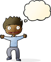 cartoon grinning boy with thought bubble