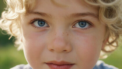 Young Blonde Boy with Curly Hair and Sky Blue Eyes - Cheerful Headshot under Soft Light