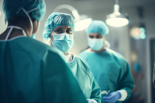 surgeons in operating room  looking at the camera    , blur background , Illuminations in background , hospital