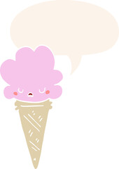 cartoon ice cream and face and speech bubble in retro style