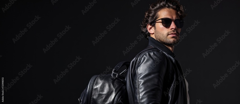 Poster Indoor photo of a man with a black leather travel bag on a black background.