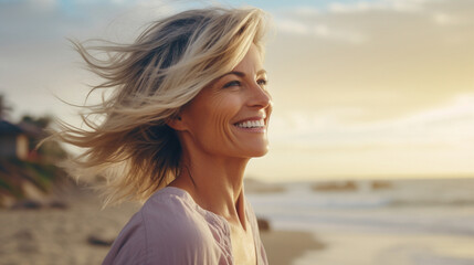 Fototapeta na wymiar portrait of a happy smiling mature woman with loose hair in the wind on the beach