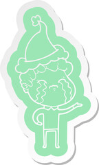 cartoon  sticker of a man crying wearing santa hat