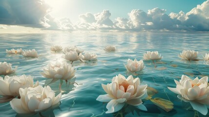 Group of White Lily Flowers Floating on Top of a Body of Water
