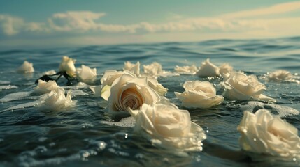 Group of White Roses Flowers Floating on Top of a Body of Water