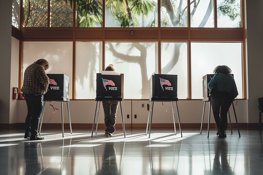 people vote in voting booths with us flag, in the style of poster, natural, american, Side view portrait of young american voter woman standing at vote center with USA flags