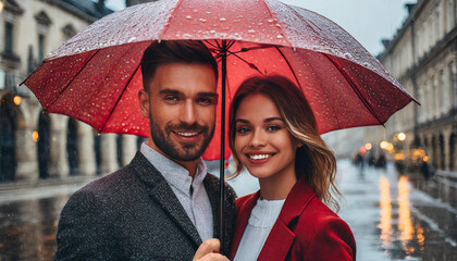 Para młodych ludzi pod czerwonym parasolem. W tle widać miasto w deszczu - obrazy, fototapety, plakaty