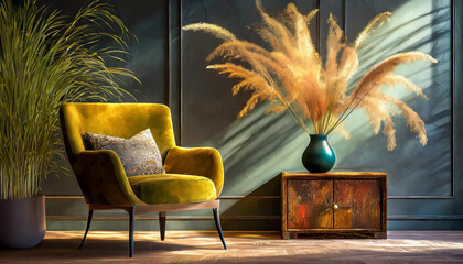 Żółty, nowoczesny fotel, mała komoda, wazon z trawami i trawy w doniczce