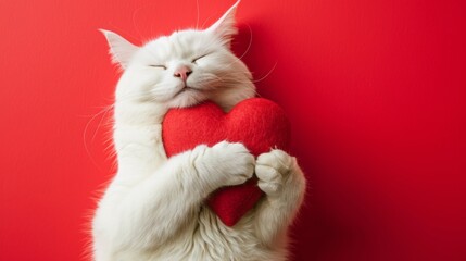 White Cat Holding a Red Heart on a Red Background