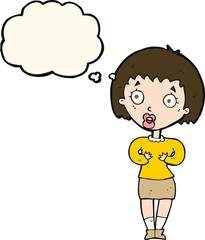 cartoon woman making Who Me? gesture with thought bubble