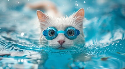 Cat Wearing Goggles Swimming in a Pool