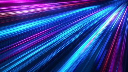 Horizontal blue neon stripes in vibrant colors, resembling fast-moving light tubes, create an energetic background with a sense of dynamic motion.