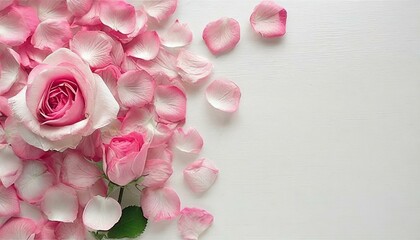 Pétales de roses roses romantiques sur fond blanc. Posés à plat et vue de dessus avec un espace de copie 