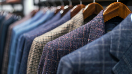 Obraz premium Closeup of Men's suits on hangers in a store