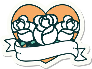 tattoo style sticker of a heart and banner with flowers