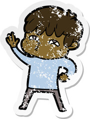 distressed sticker of a cartoon curious man