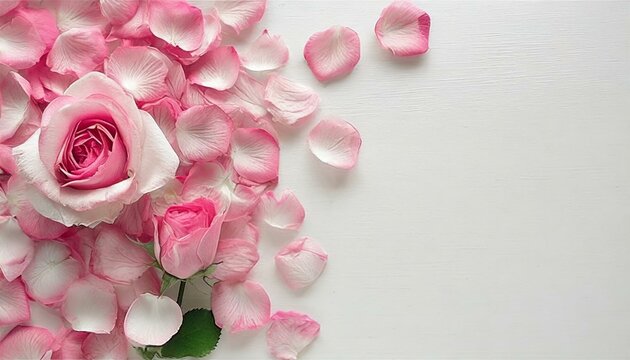 P&eacute;tales de roses roses romantiques sur fond blanc. Pos&eacute;s &agrave; plat et vue de dessus avec un espace de copie 