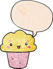 cartoon cupcake and face and speech bubble in retro texture style