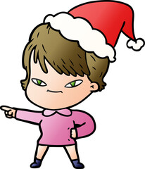 gradient cartoon of a happy woman wearing santa hat