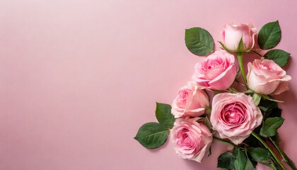 Fototapeta premium Bouquet de roses de couleur rose, romantique et douceur, sur fond rose . Posé à plat et vue de dessus avec un espace pour le texte