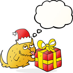 thought bubble cartoon cat with present
