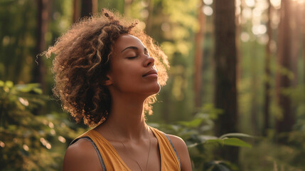Woman doing yoga breathing exercises for relaxation, spiritual health and fitness in nature - obrazy, fototapety, plakaty