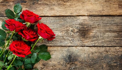 Bouquet de roses rouges, romantique sur un fond de  planches en bois . Posé à plat et vue de dessus avec un espace pour le texte