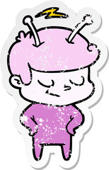 distressed sticker of a friendly cartoon spaceman