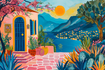 Cozy house surrounded by mountains. Colorful cozy village illustrations in favism style