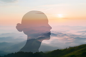 Mountainous Horizon Embracing Both Sunset and Sunrise: A Person Amidst Nature's Beauty, Capturing the Essence of Morning and Evening Tranquility