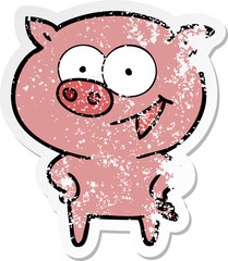 distressed sticker of a cheerful pig cartoon