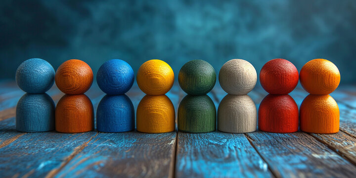a colorful set of wooden figurines depicting people standing next to each other.