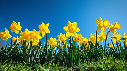 Bright vivid yellow daffodils flowers blooming in spring against serene blue sky. - obrazy, fototapety, plakaty